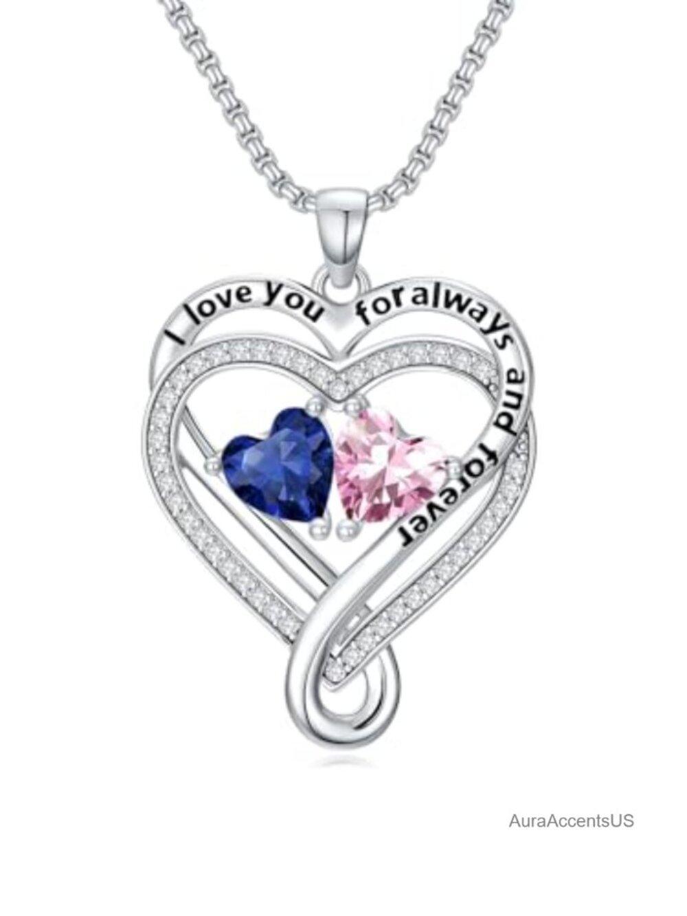 Double Heart Birthstone Pendant Necklace 18+2 Adjustable Gift for Women